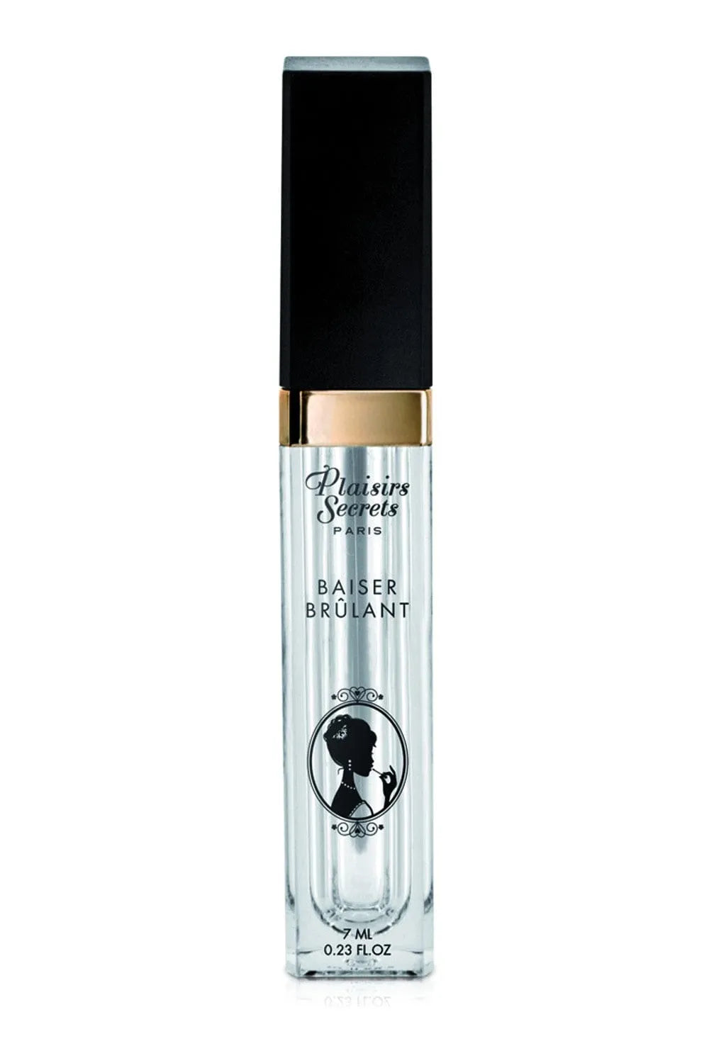 Gloss lèvres thermosensoriel fraise, tube transparent avec bouchon noir, texte Plaisir Secret, effet chaud-froid.