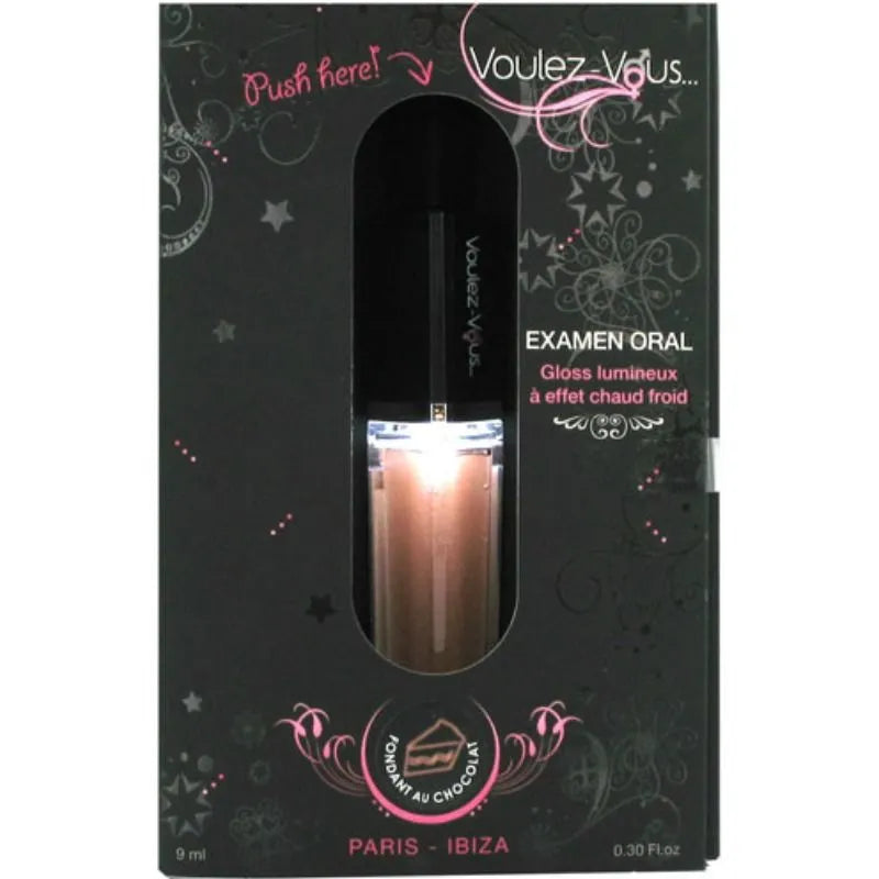 Gloss érotique chocolat fondant, tube transparent 10ml, boîte noire élégante, sensations chaud-froid, hydratant.