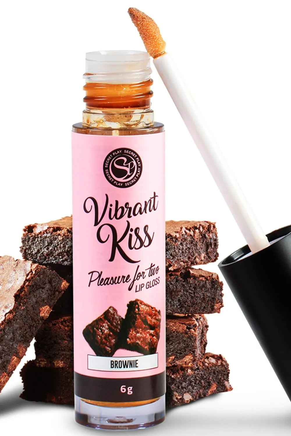 Gloss lèvres comestible saveur brownie, flacon rose 6g, applicateur blanc, vibrations stimulantes, plaisir oral.