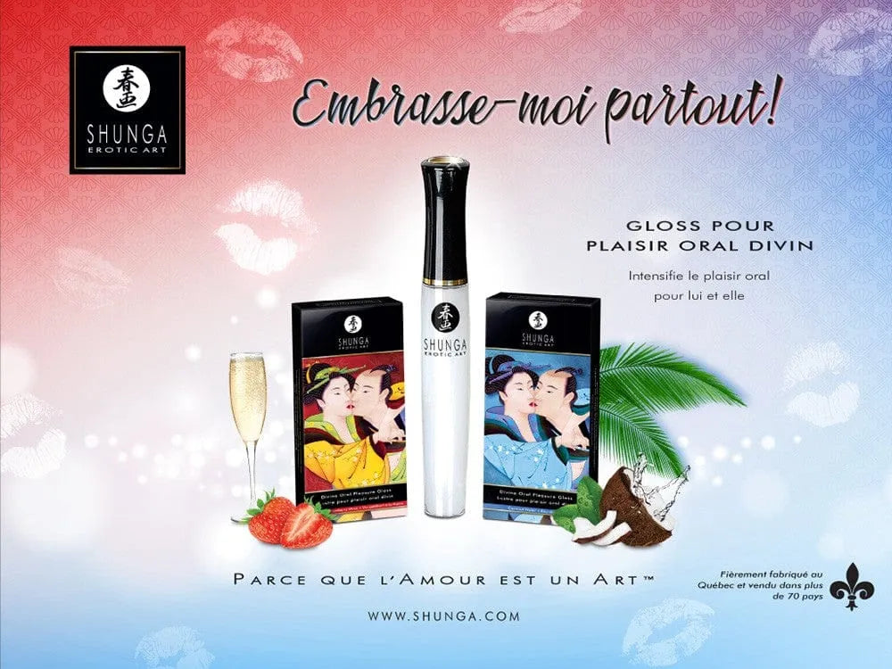 Gloss stimulant fraise vin pétillant, tube blanc avec bouchon noir, emballage coloré, pour plaisir oral sensoriel.