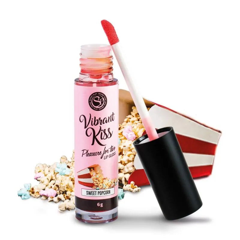 gloss vibrant comestible oral stimulant sensoriel gustatif six saveurs popcorn doux microvibrations picotements sensibilité glycérine compatible préservatifs jouets origine espagnole