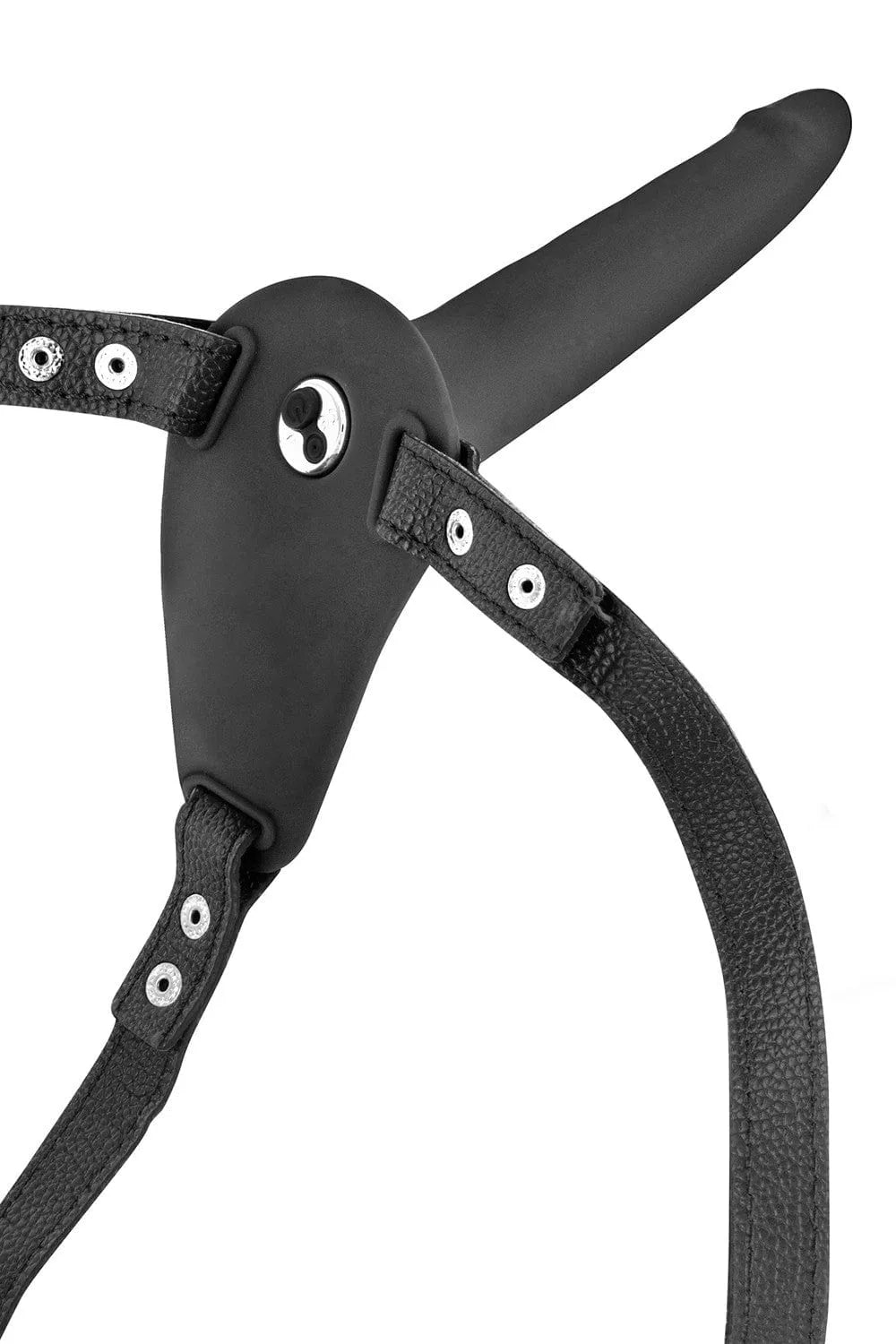 Gode ceinture vibrant noir, harnais ajustable en simili cuir, silicone hypoallergénique, étanche et ergonomique.