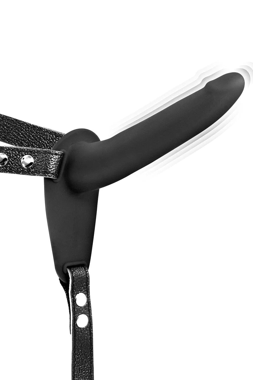 Gode ceinture vibrant noir, harnais ajustable en simili cuir, silicone hypoallergénique, ergonomique et étanche.