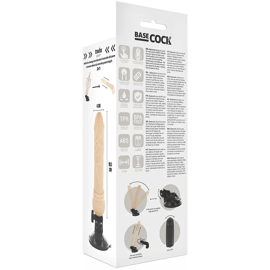 Gode vibrant réaliste beige avec veines sculptées, moteur puissant, télécommande filaire, base ventouse amovible.