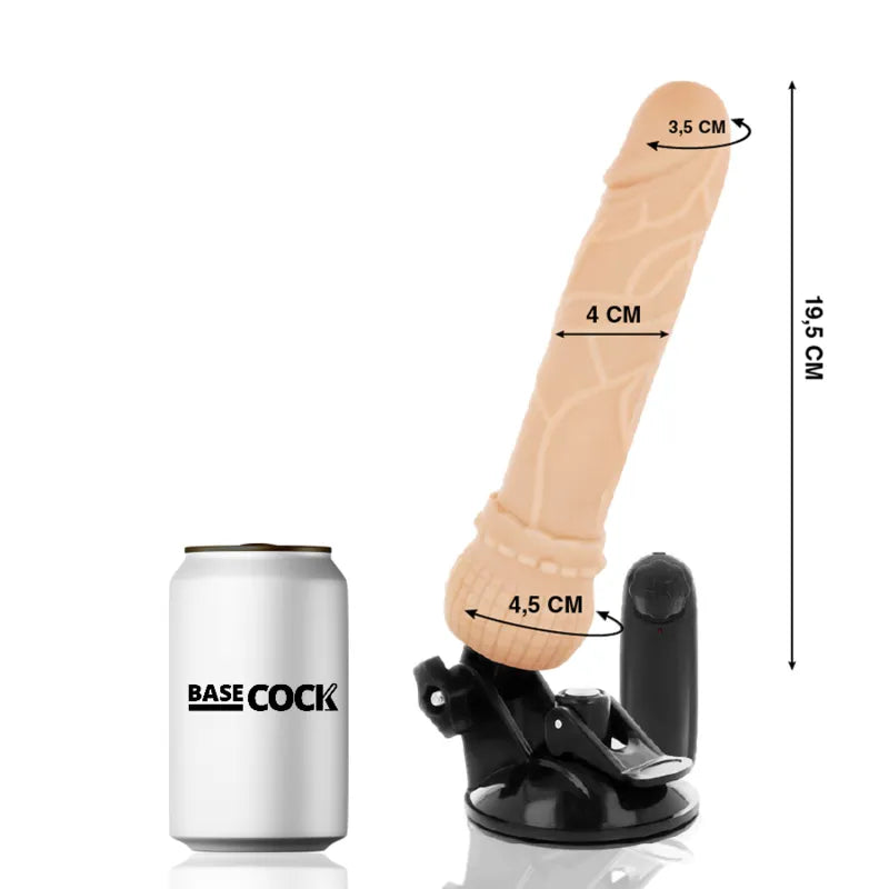 Gode vibrant réaliste beige avec veines sculptées, base ventouse noire, télécommande filaire, comparé à une canette.
