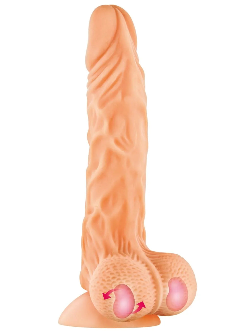 Gode ventouse réaliste beige 22cm, veines apparentes, testicules avec billes mouvantes, fixation puissante surfaces lisses.