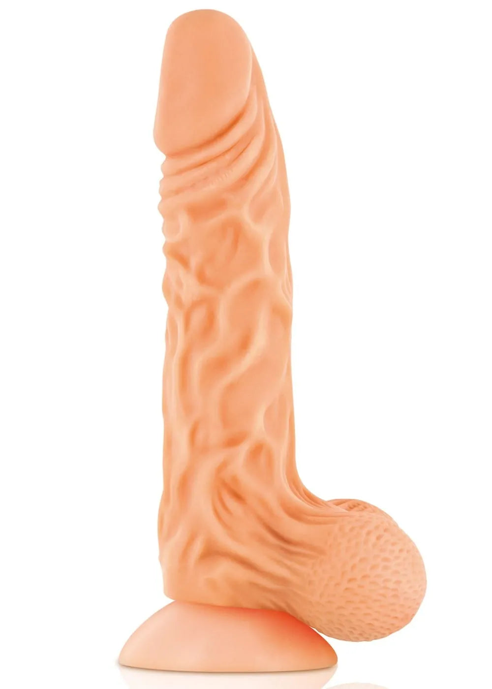 Gode ventouse réaliste beige 22cm, veines apparentes, testicules avec billes mouvantes, fixation puissante pour surfaces l...
