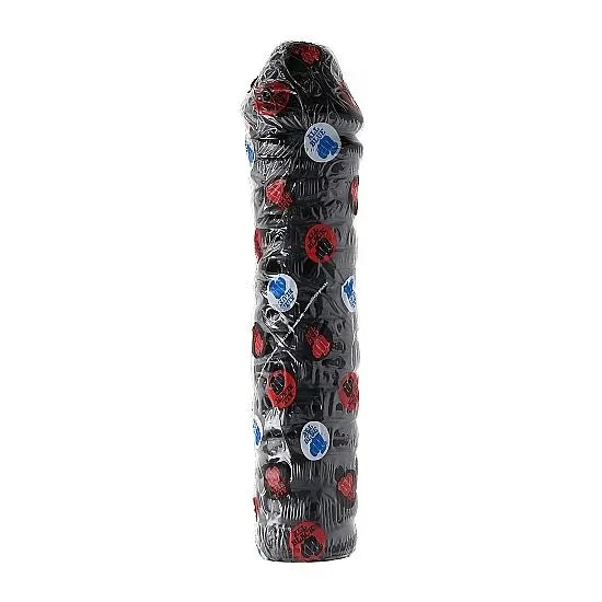 Gode noir nervuré 38 cm en PVC, emballé, avec détails rouges et bleus, hypoallergénique, compatible lubrifiants.