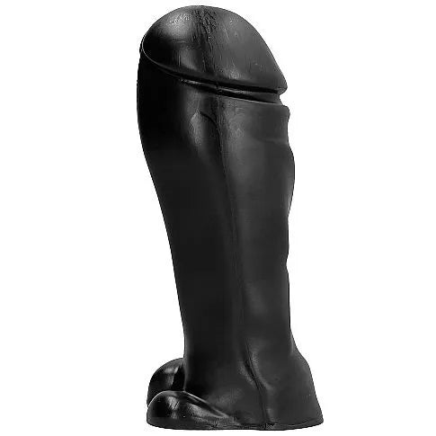 Gode noir PVC long robuste avec testicules réalistes, hypoallergénique, sans phtalates, pour utilisateurs avancés.