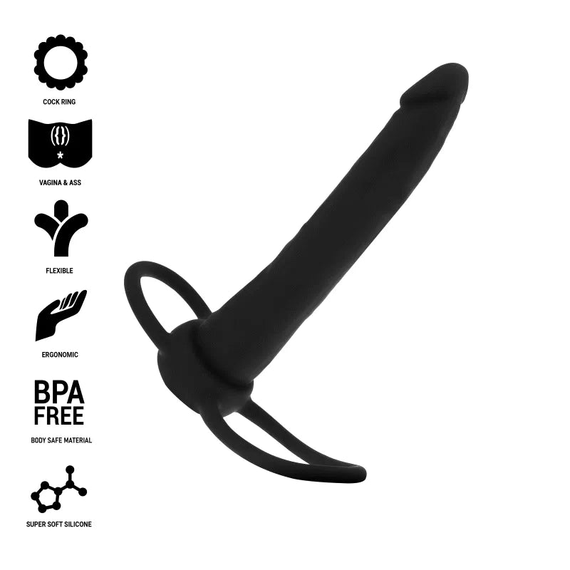 Gode anal noir en silicone luxe, forme ergonomique, anneaux pénien et testiculaire, stimulation anale et vaginale.