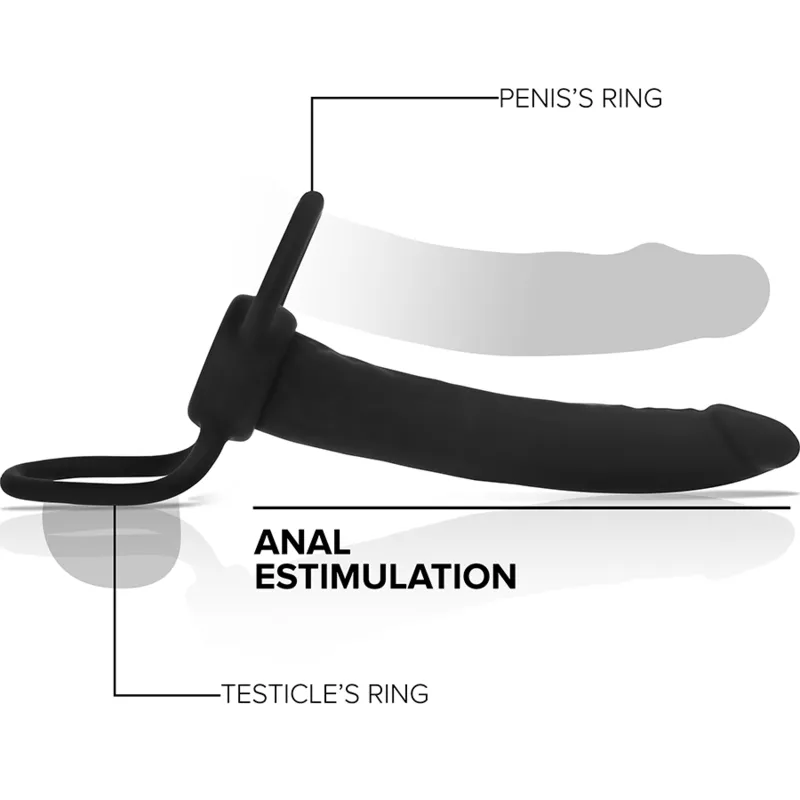 Gode anal noir en silicone luxe MYTHOLOGIE COBIONYX, ergonomique, flexible, avec anneaux pénien et testiculaire, 155mm.