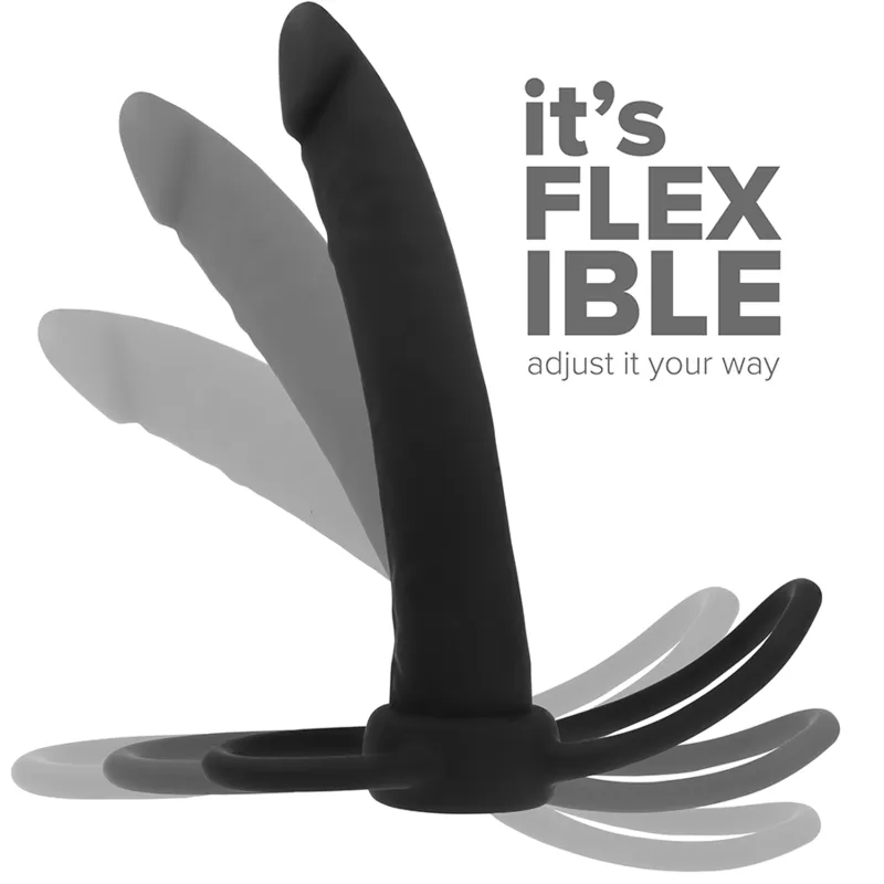 Gode anal noir en silicone, flexible et ergonomique, avec anneaux pénien et testiculaire, pour stimulation anale et vaginale.