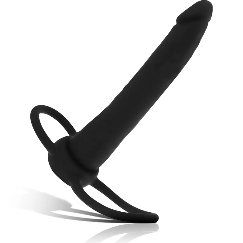 Gode anal noir en silicone, forme ergonomique, anneaux pénien et testiculaire, stimulation anale et vaginale.