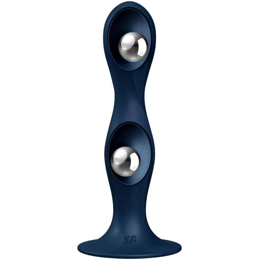 Gode anal et vaginal bleu en silicone avec balles lestées, base ventouse solide, design ergonomique et étanche.