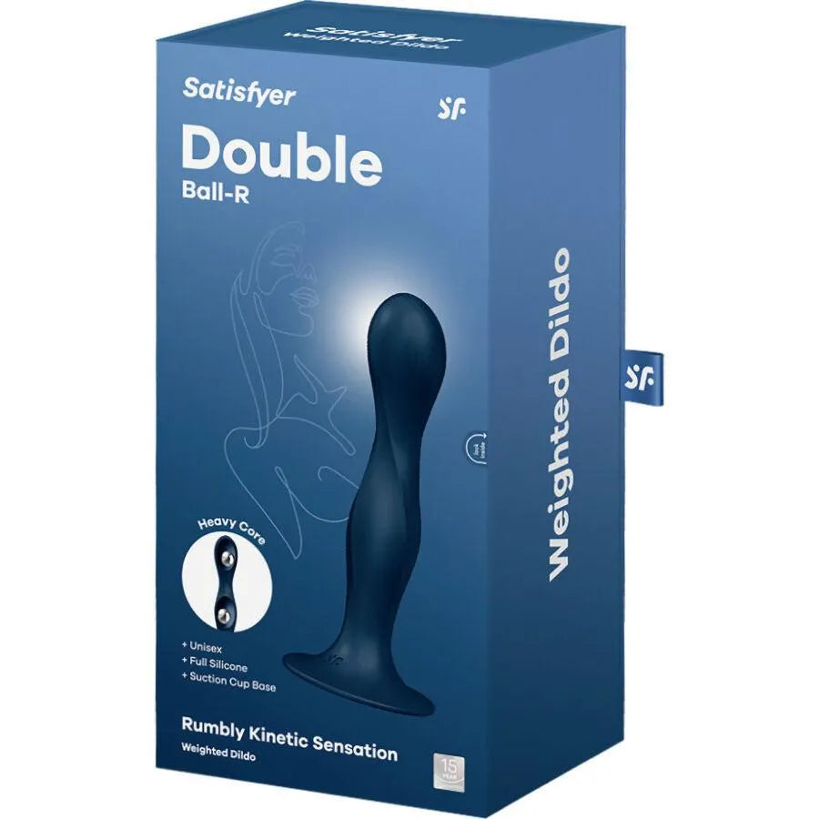 Gode anal et vaginal bleu en silicone doux avec base ventouse, balles lestées mobiles, sur fond de boîte bleue.