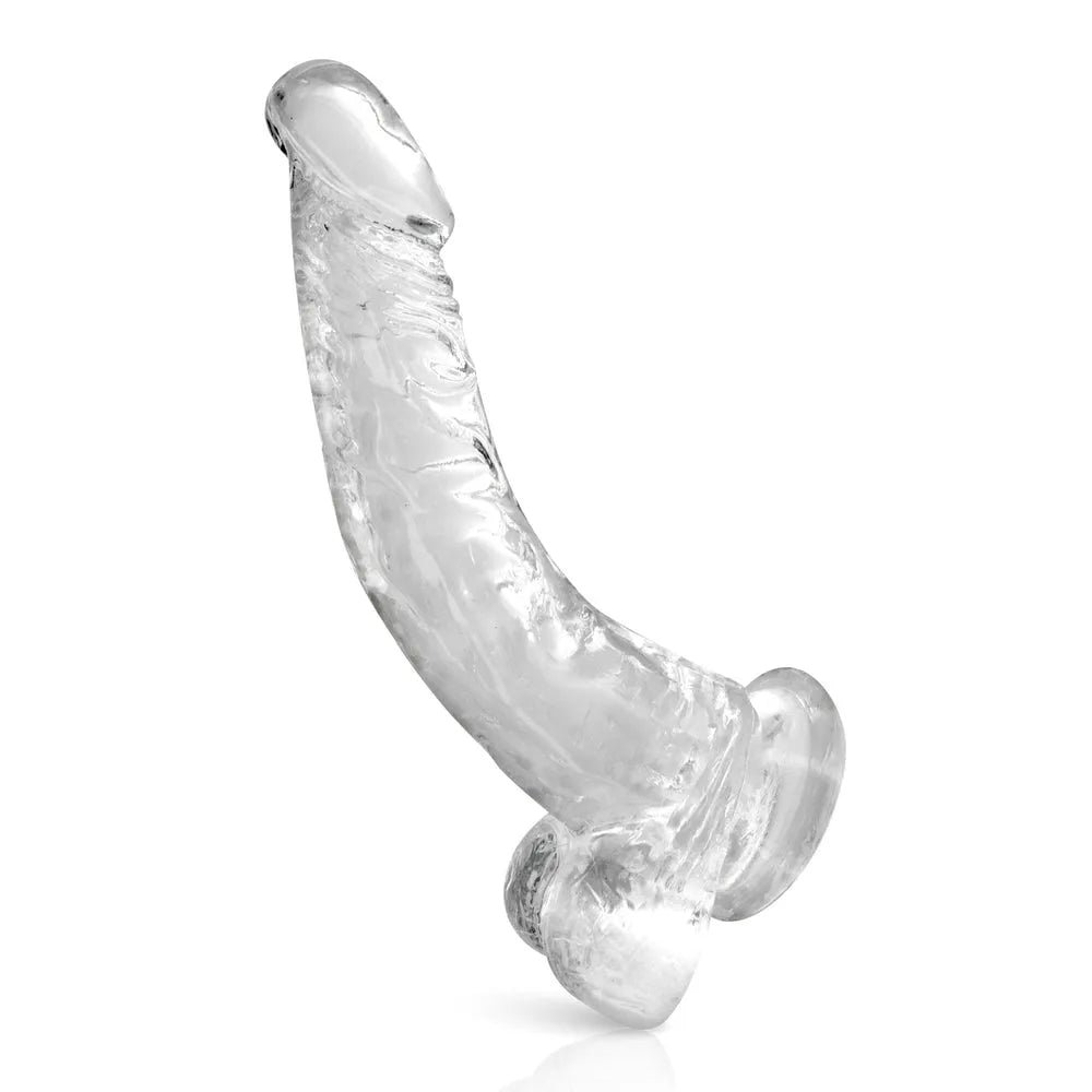 gode anal ventouse transparent courbé ergonomique gland réaliste testicules matière TPE sans phtalates stimulation prostate 22cm diamètre 35mm hygiène nettoyage