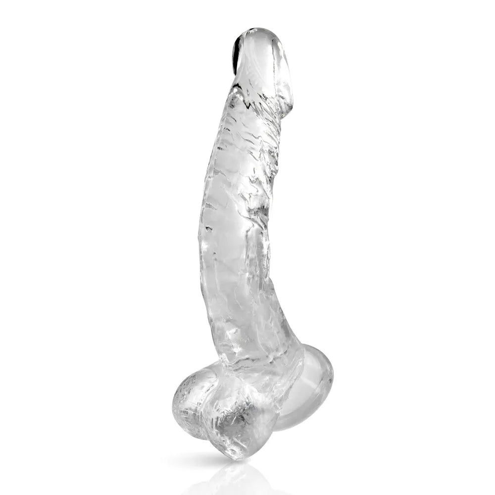 Gode transparent courbé avec ventouse, gland réaliste et testicules, en TPE sans phtalates, stimulation prostate.