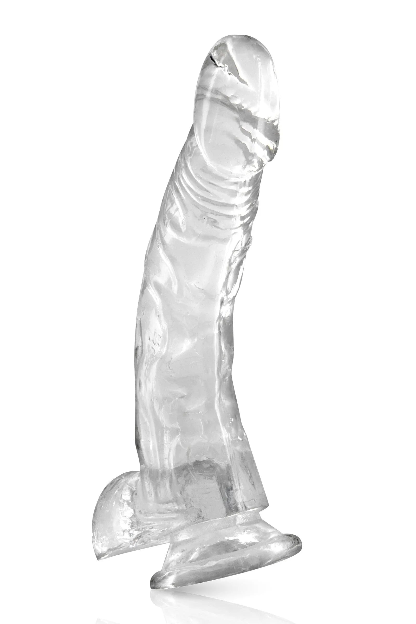 Gode anal ventouse transparent courbé, gland réaliste, testicules, stimulation prostate, matière TPE, 22cm, diamètre 35mm.