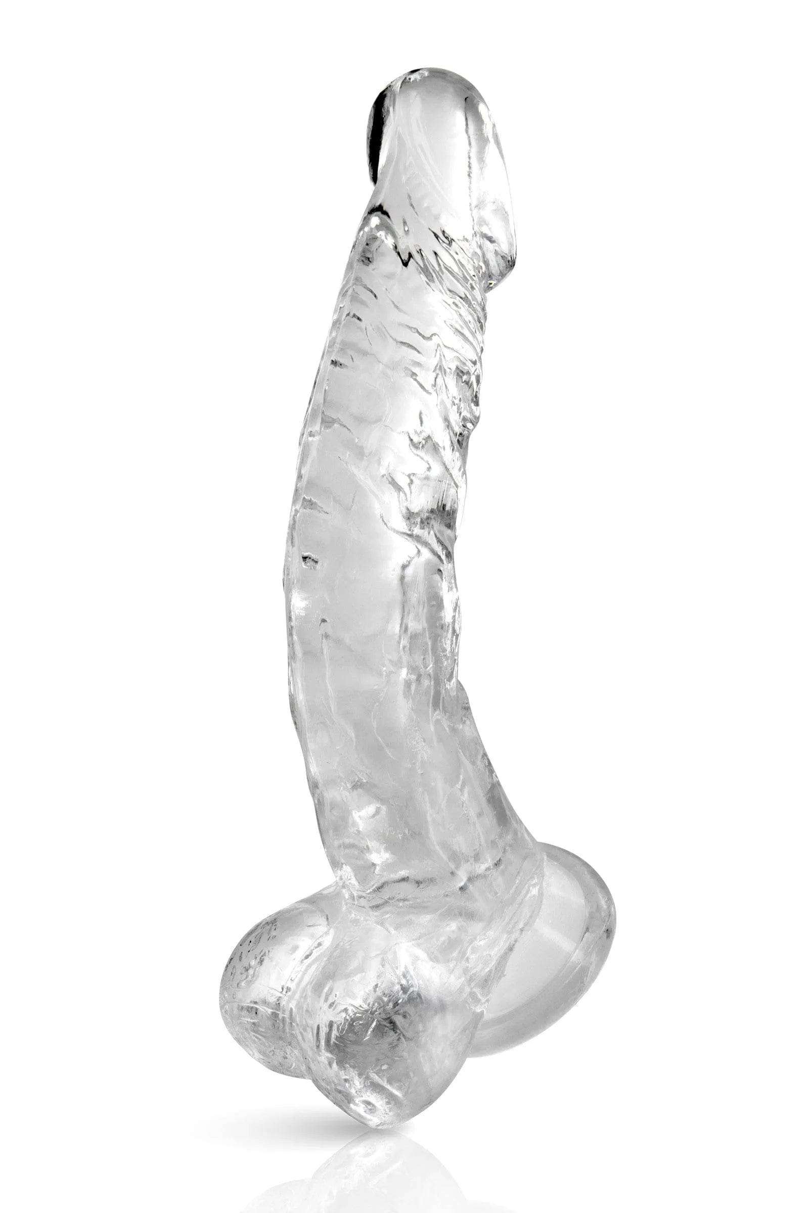 Gode anal ventouse transparent courbé, gland réaliste, testicules, stimulation prostate, TPE sans phtalates, 22cm.