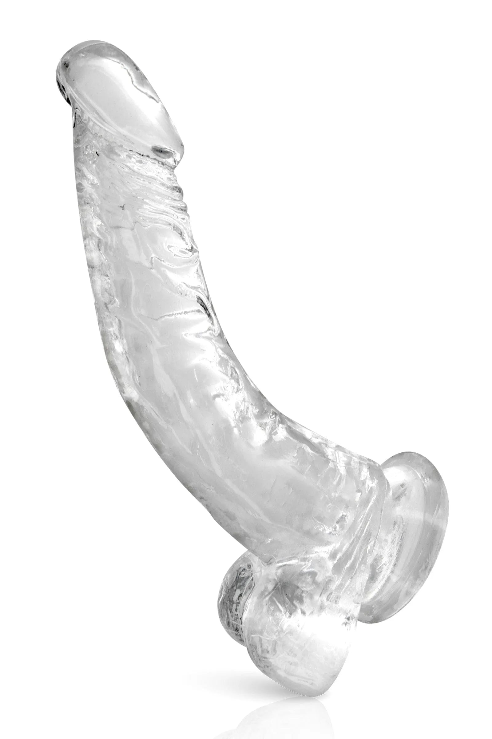 Gode anal transparent courbé avec ventouse, gland réaliste et testicules, stimulation prostate, matière TPE sans phtalates.