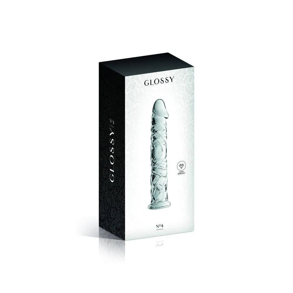 Gode anal en verre transparent veiné, gland réaliste, 16 cm, chauffable, refroidissable, boîte élégante.