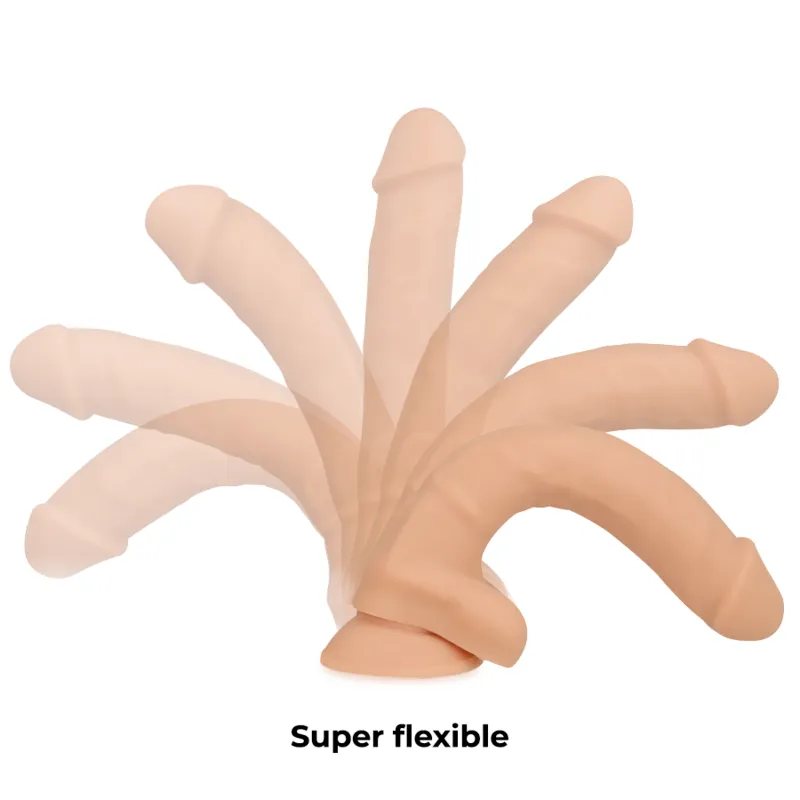 Gode articulable silicone double densité beige avec ventouse, flexible et réaliste, compatible harnais, hypoallergénique.