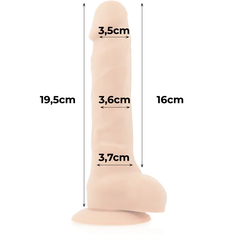 Gode articulable silicone double densité beige, ventouse, texture réaliste, 19,5 cm, compatible harnais, hypoallergénique.