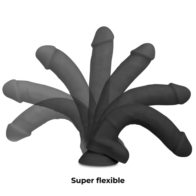 Gode silicone noir double densité articulable avec ventouse puissante, harnais similicuir et sangles nylon réglables.