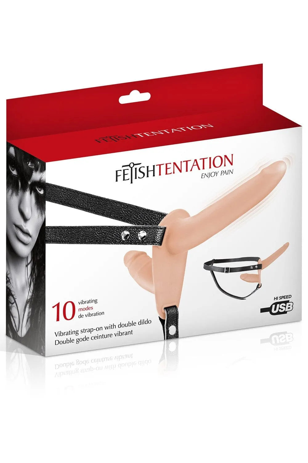 Double gode ceinture vibrant chair avec harnais simili cuir noir, stimulation interne et externe, rechargeable USB.