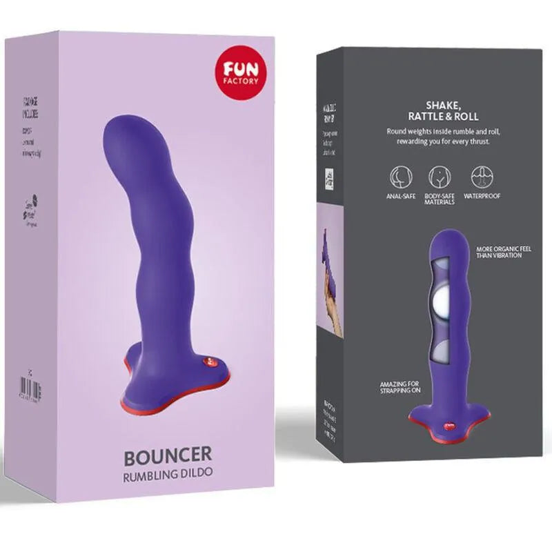 Gode ceinture violet avec boules lestées, base ultra-plate rouge, compatible harnais, matériaux sûrs et durables.
