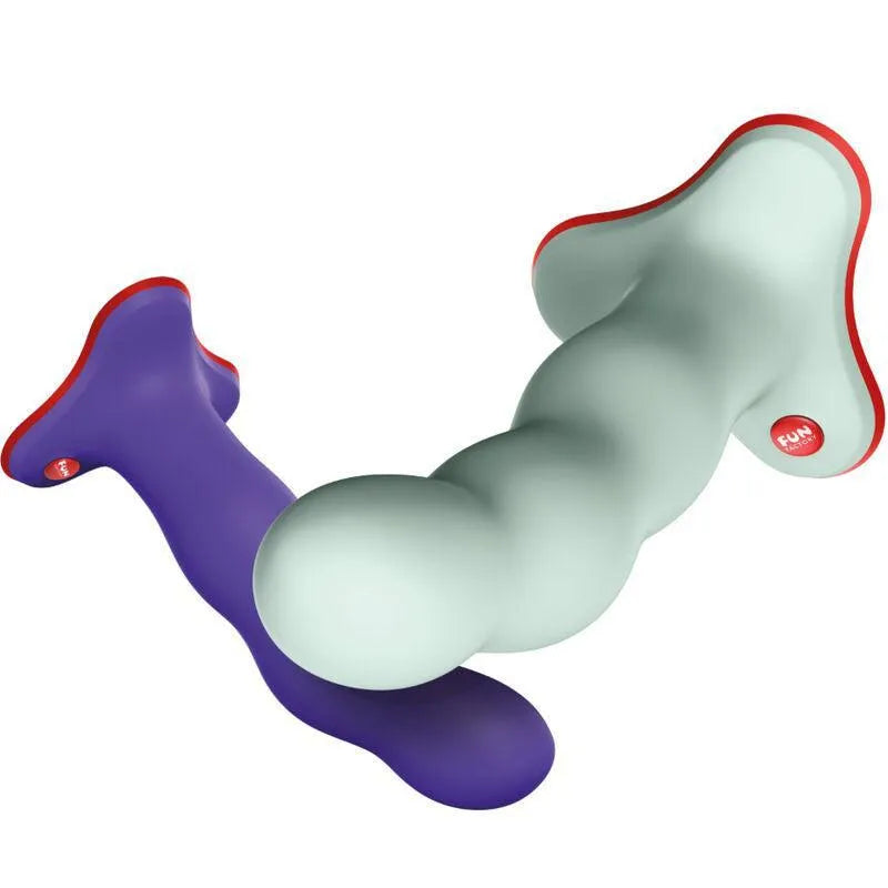 Gode ceinture boules lestées, design ergonomique, couleurs violet et vert, base ultra-plate, matériaux sûrs et durables.