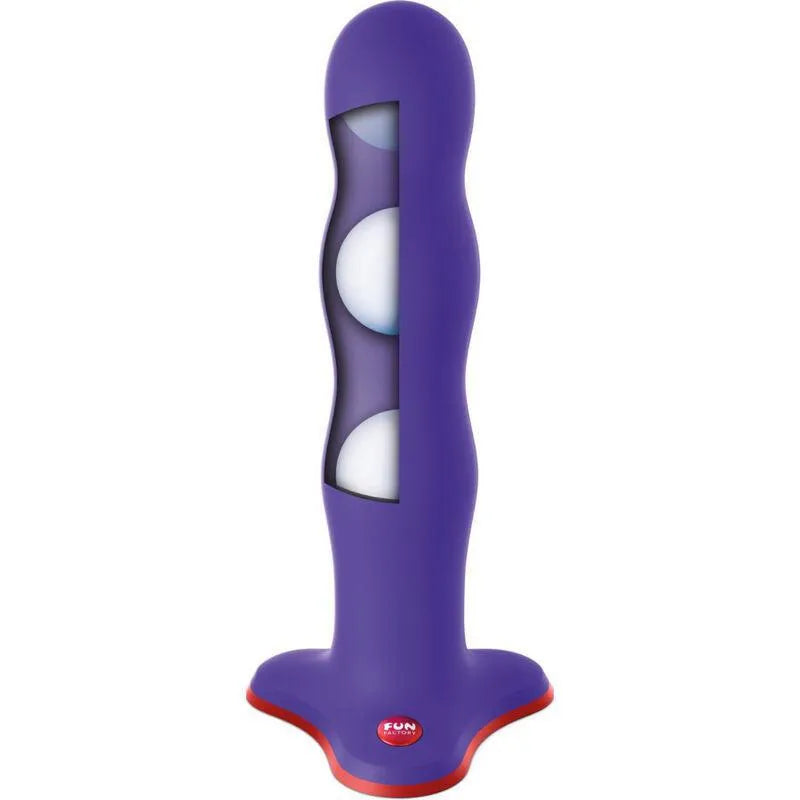 Gode ceinture violet avec boules lestées visibles, base ultra-plate rouge, design ergonomique pour stimulation mains libres.