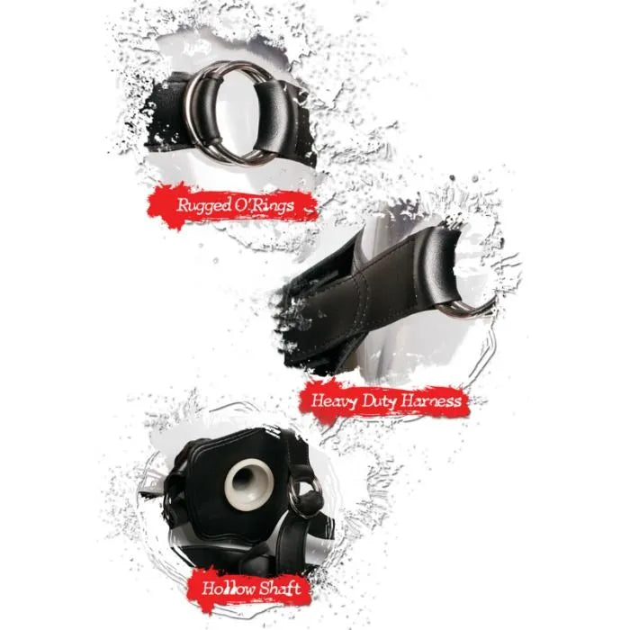 Gode ceinture creux noir en caoutchouc sans phtalates avec harnais cuir ajustable et joints acier inoxydable.