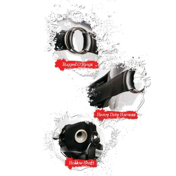 Gode ceinture creux cuir noir, embout caoutchouc sans phtalate, harnais ajustable, joint torique acier, tube 3 cm.