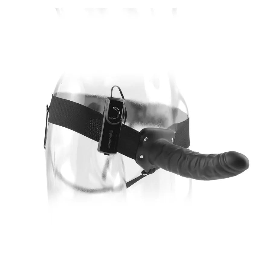 Gode ceinture creux vibrant noir 8 pouces, harnais élastique réglable, stimulation intense, confort sécurisé.