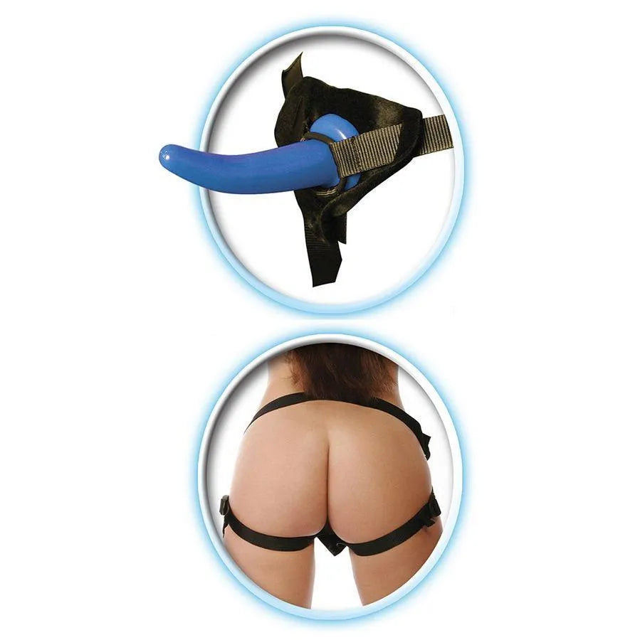 Gode-ceinture bleu en gelée mince avec harnais noir ajustable, conçu pour débutants, confort et sécurité assurés.
