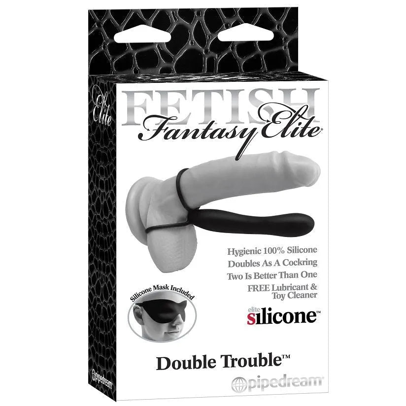 Gode ceinture double pénétration silicone noir, forme effilée, ergonomique, hypoallergénique, emballage Fetish Fantasy Elite.
