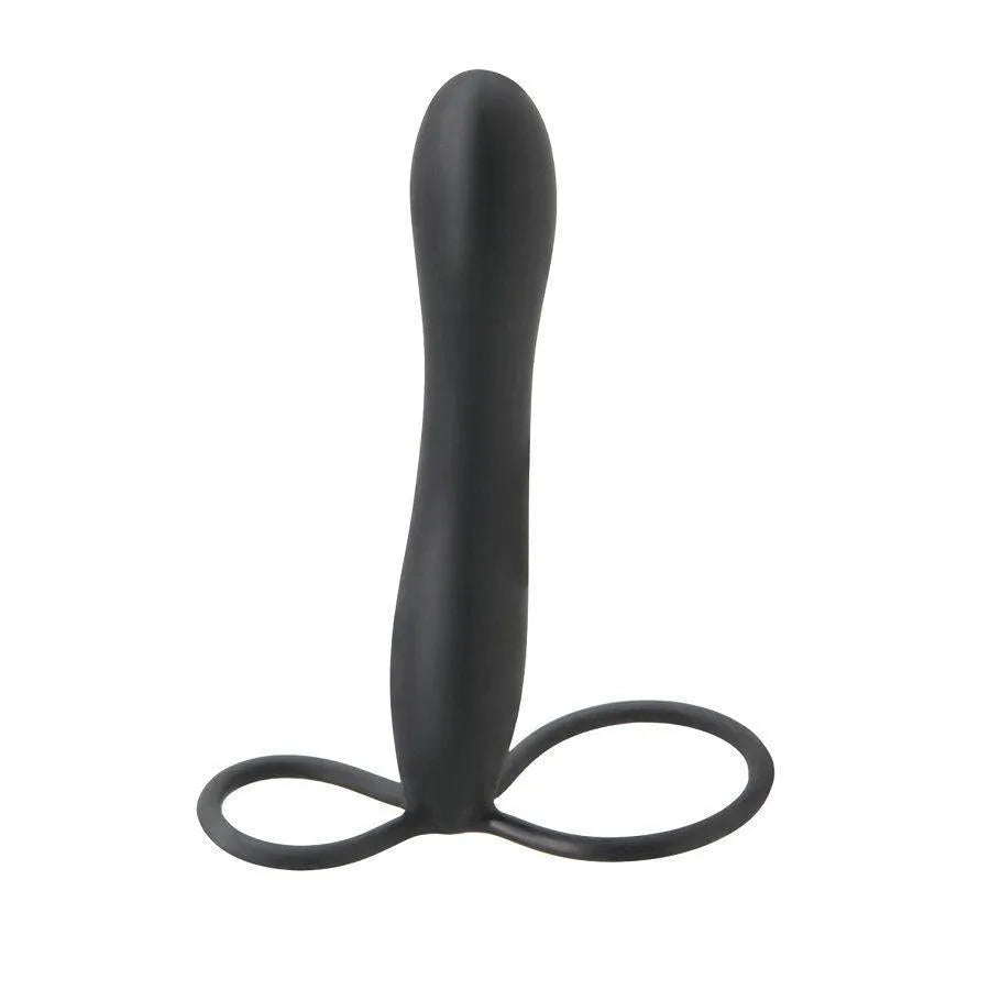 Gode ceinture noir double pénétration en silicone médical, forme effilée, anneaux ergonomiques pour stimulation optimale.