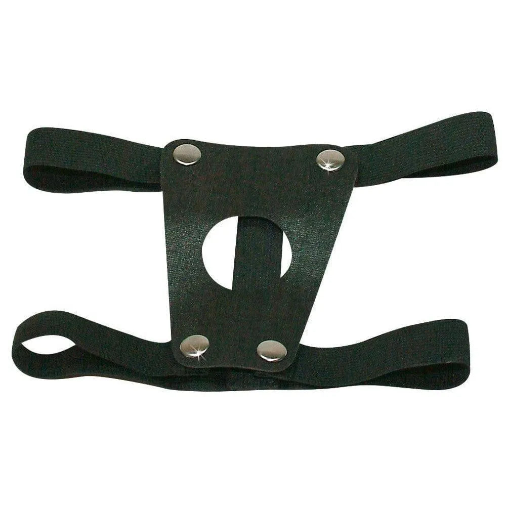 Harnais noir imitation cuir avec lanières élastiques ajustables pour gode ceinture creux en PVC, profondeur 16,5 cm.