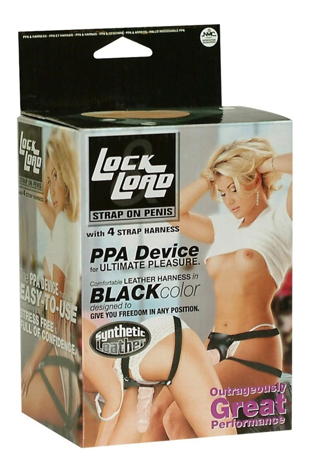 Gode ceinture creux PVC noir avec harnais imitation cuir ajustable, profondeur 165 mm, diamètre intérieur 40 mm.