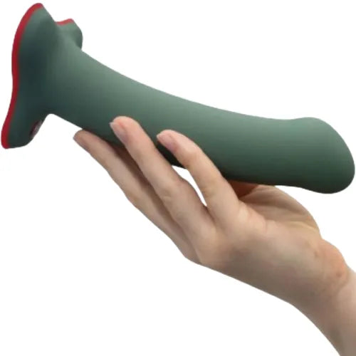 Gode ceinture silicone vert flexible 18cm, base stable rouge, hypoallergénique, compatible harnais, imperméable.