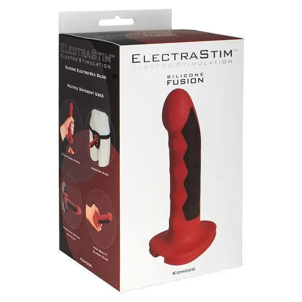 Gode-ceinture rouge épicé en silicone médical, électrostimulation, forme ergonomique, compatible harnais, ventouse intégrée.