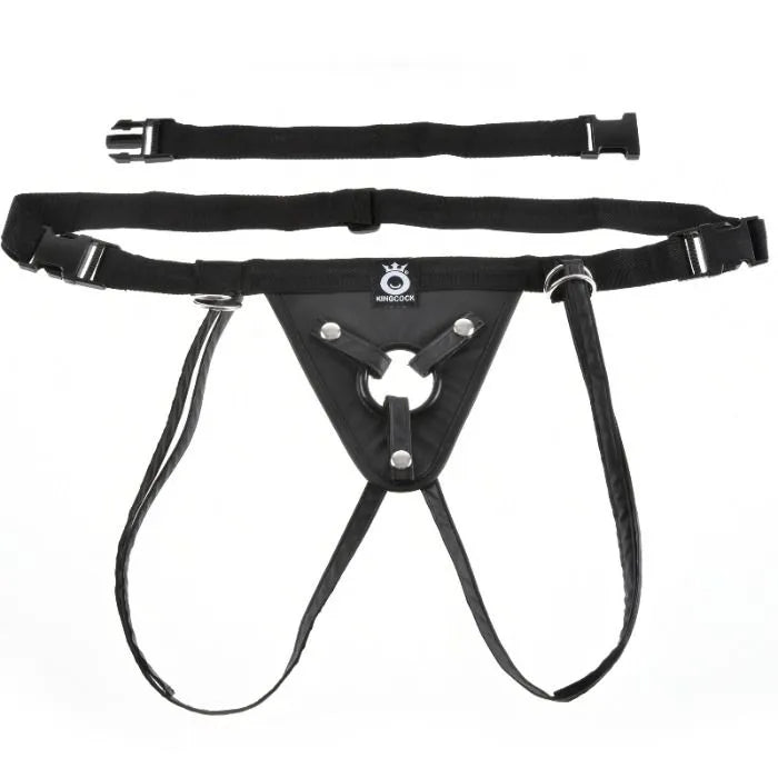 Gode-ceinture réaliste noir avec détails veineux, base ventouse, harnais vinyle ajustable, sangles réglables sécurisées.