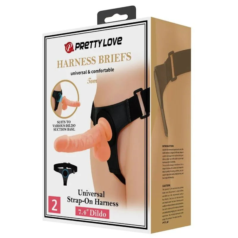 Gode ceinture réaliste avec tige lisse veinée, harnais universel noir, emballage illustré, confort et sécurité.