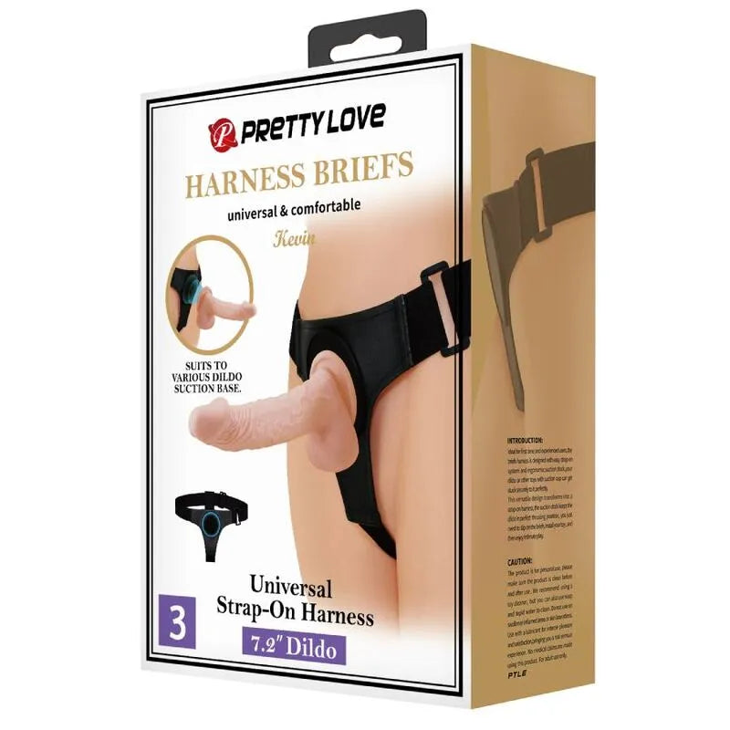 Gode ceinture réaliste beige avec harnais noir ajustable, tige veinée, sur fond d'emballage illustré.