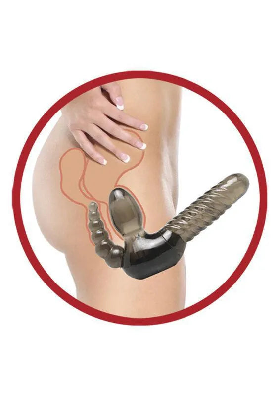 Gode-ceinture sans bretelles noir, tige nervurée, stimulateur anal perlé, design ergonomique pour double stimulation.