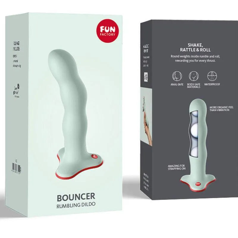 Gode ceinture gris avec balles rebondissantes, base ultraplate rouge, design ergonomique, emballage Fun Factory.