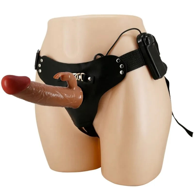 gode ceinture vibrant lapin marron étanche double stimulation vibrateur puissant ergonomique sangles nylon réglables télécommande filaire matériaux qualité garantie annuelle