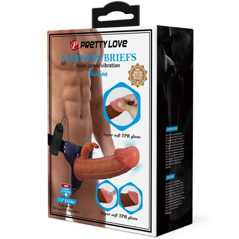 Gode ceinture vibrant lapin marron étanche, double stimulation, sangles réglables, télécommande, emballage élégant.