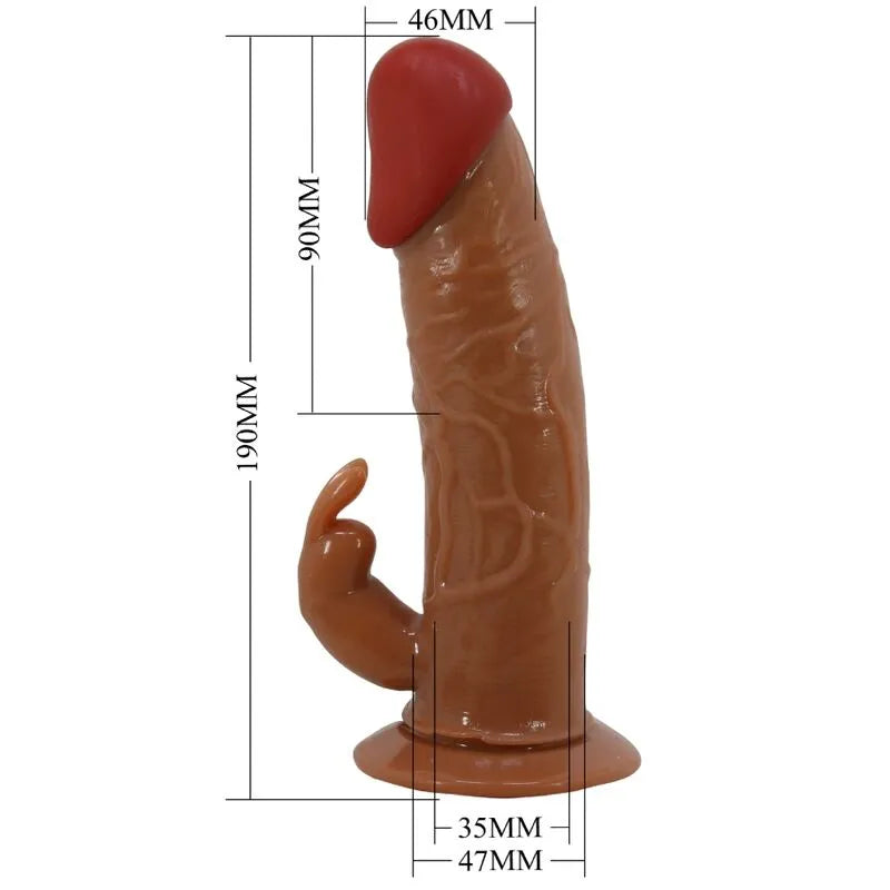 Gode ceinture vibrant lapin marron étanche, double stimulation, forme ergonomique, sangles ajustables, télécommande filaire.
